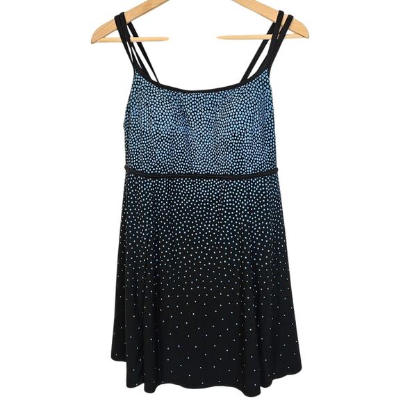 Robby Len Modest Polka Dot Blue and Black Empire Swim‎ Dress Swimsuit Size 16W - Picture 1 of 12